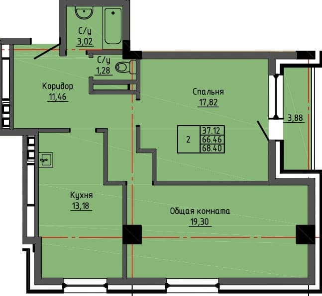 2 комн., 68.4 м²