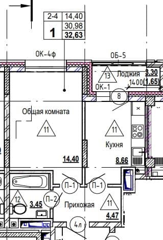 1 комн., 32.8 м²