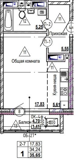 1 комн., 35.9 м²