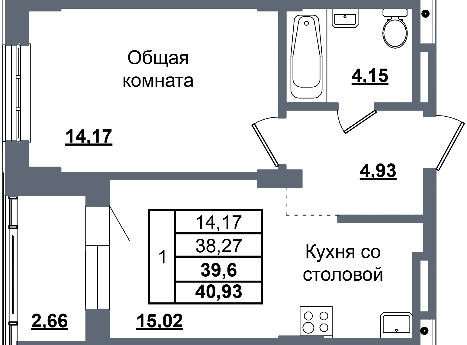 1 комн., 39.6 м²
