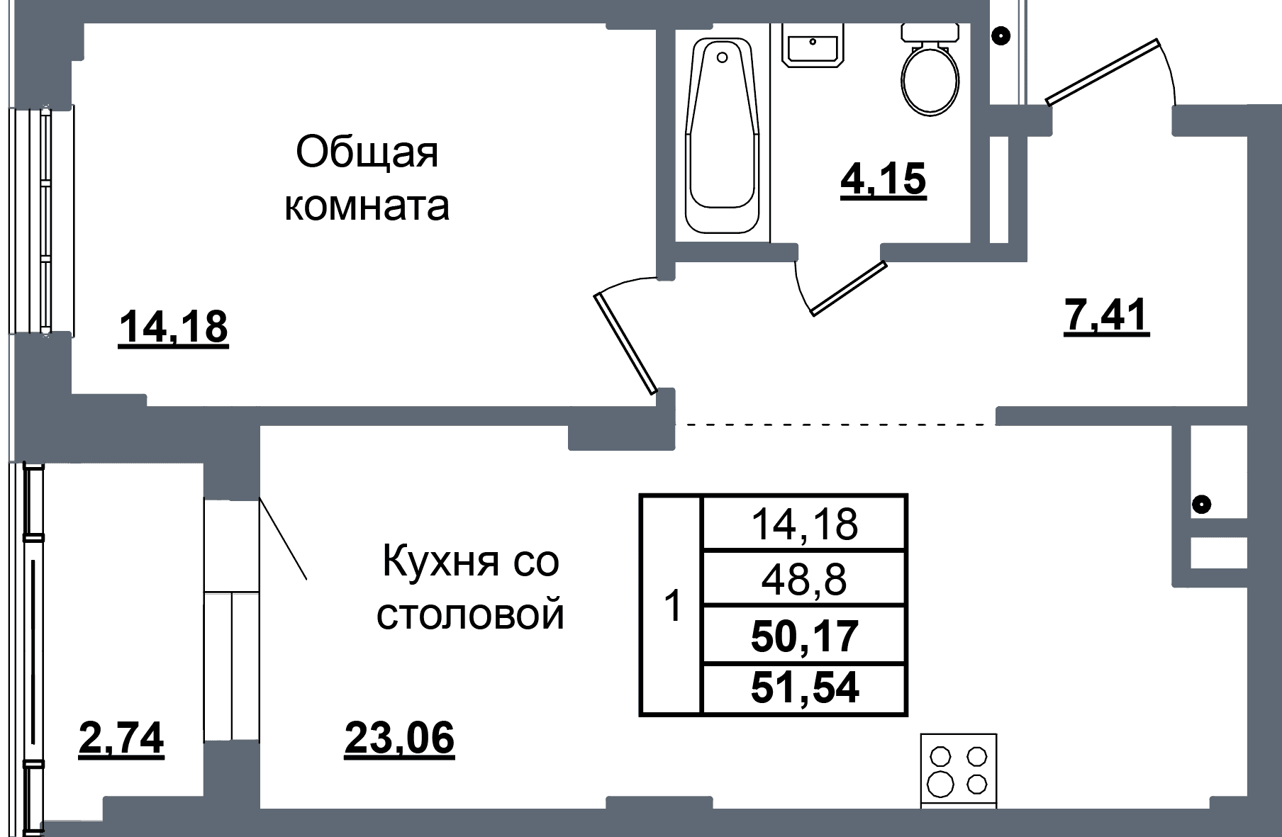 1 комн., 50.2 м²