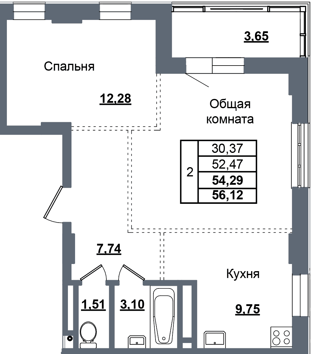 2 комн., 54.3 м²