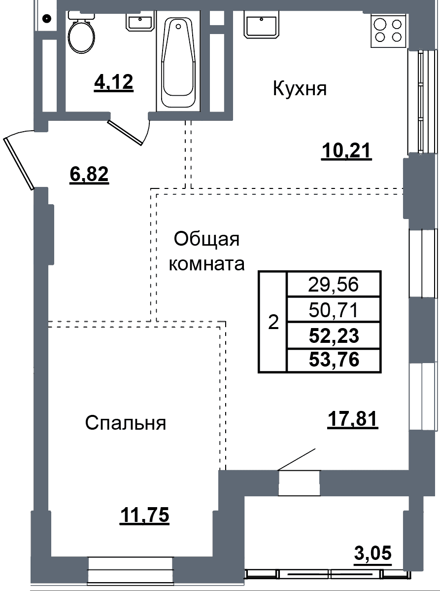 2 комн., 52.2 м²
