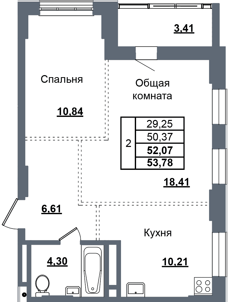 2 комн., 52.1 м²