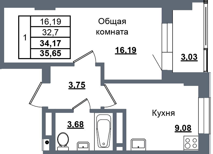 1 комн., 34.2 м²