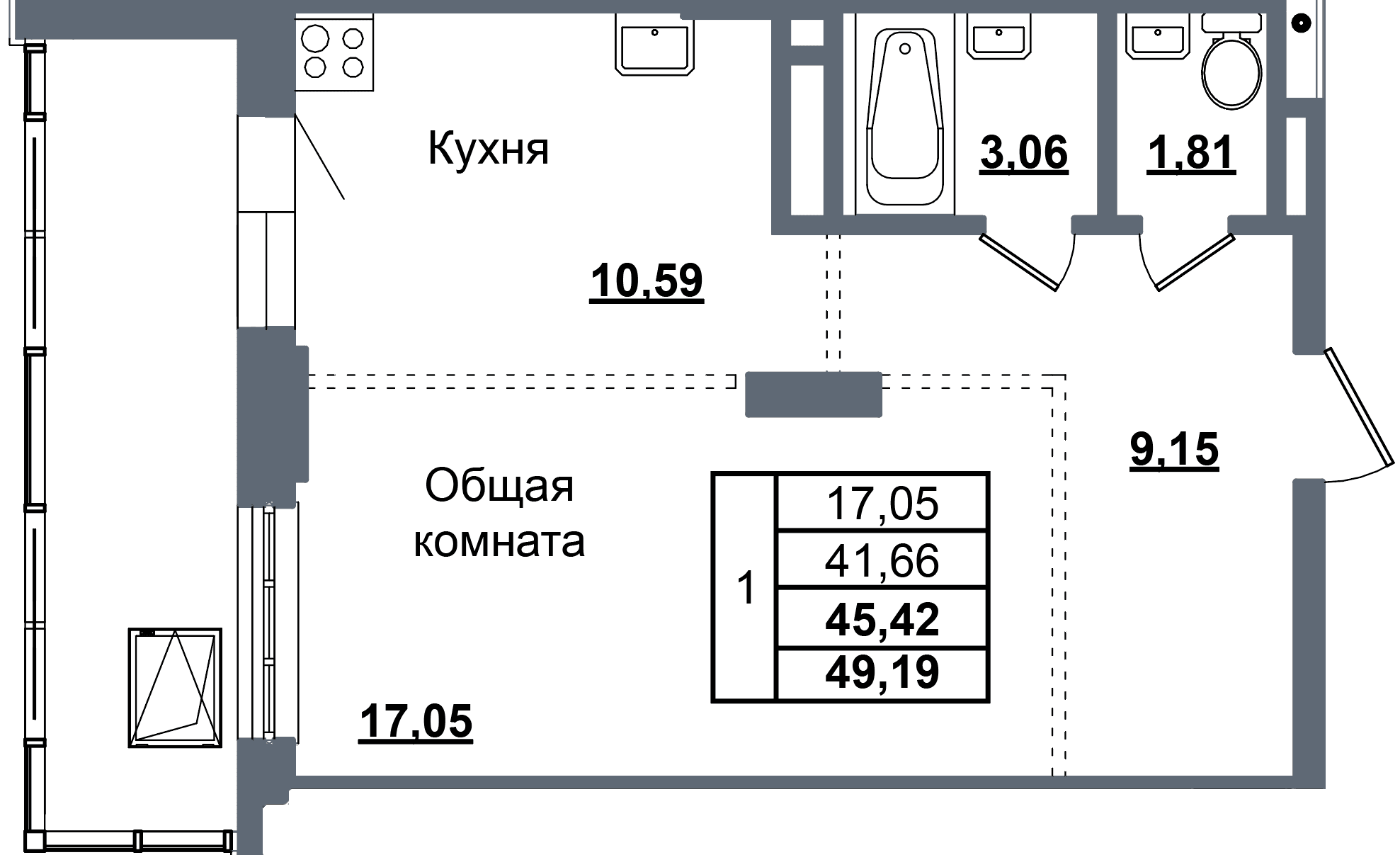 1 комн., 45.4 м²