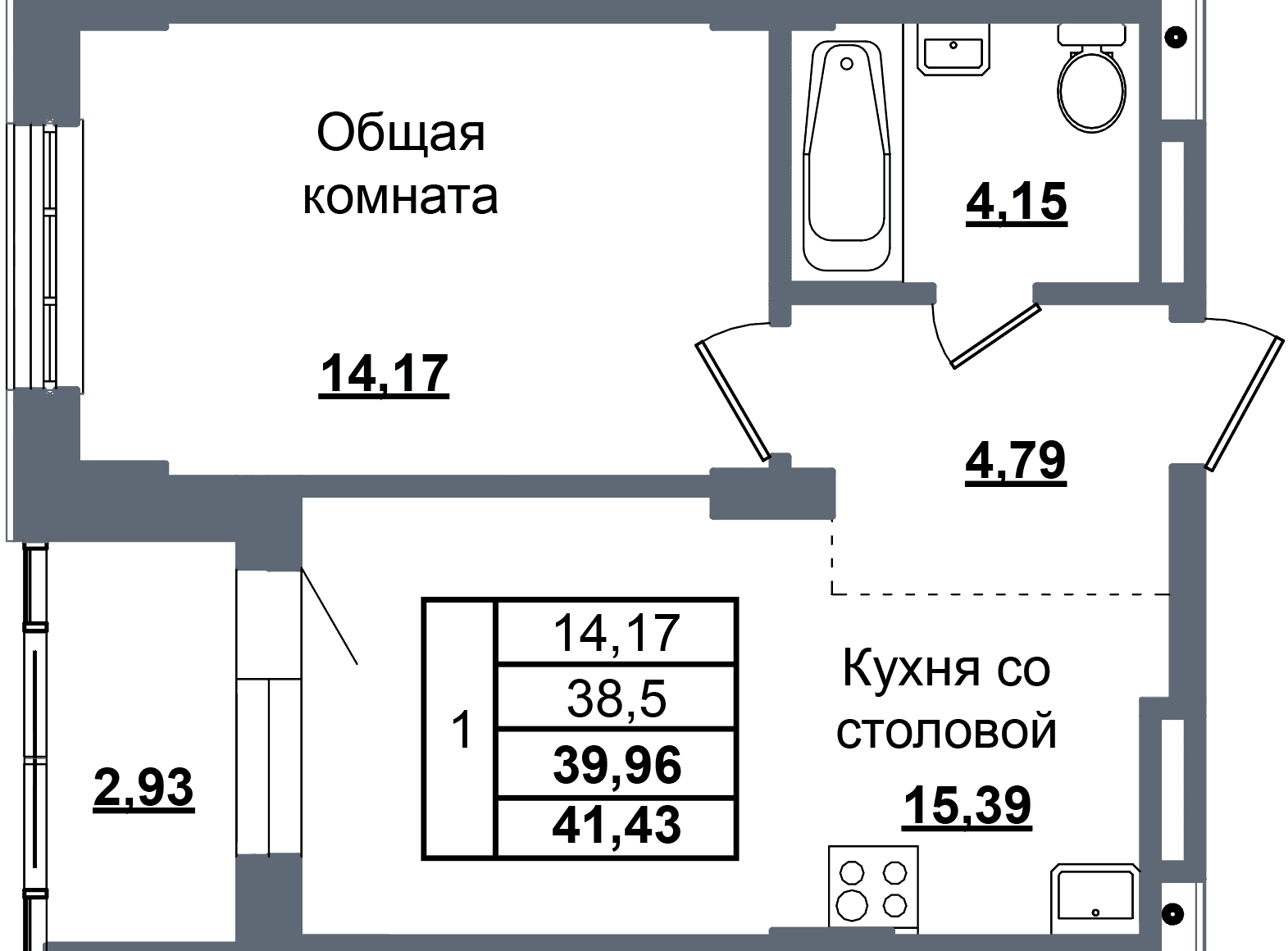 1 комн., 40.0 м²