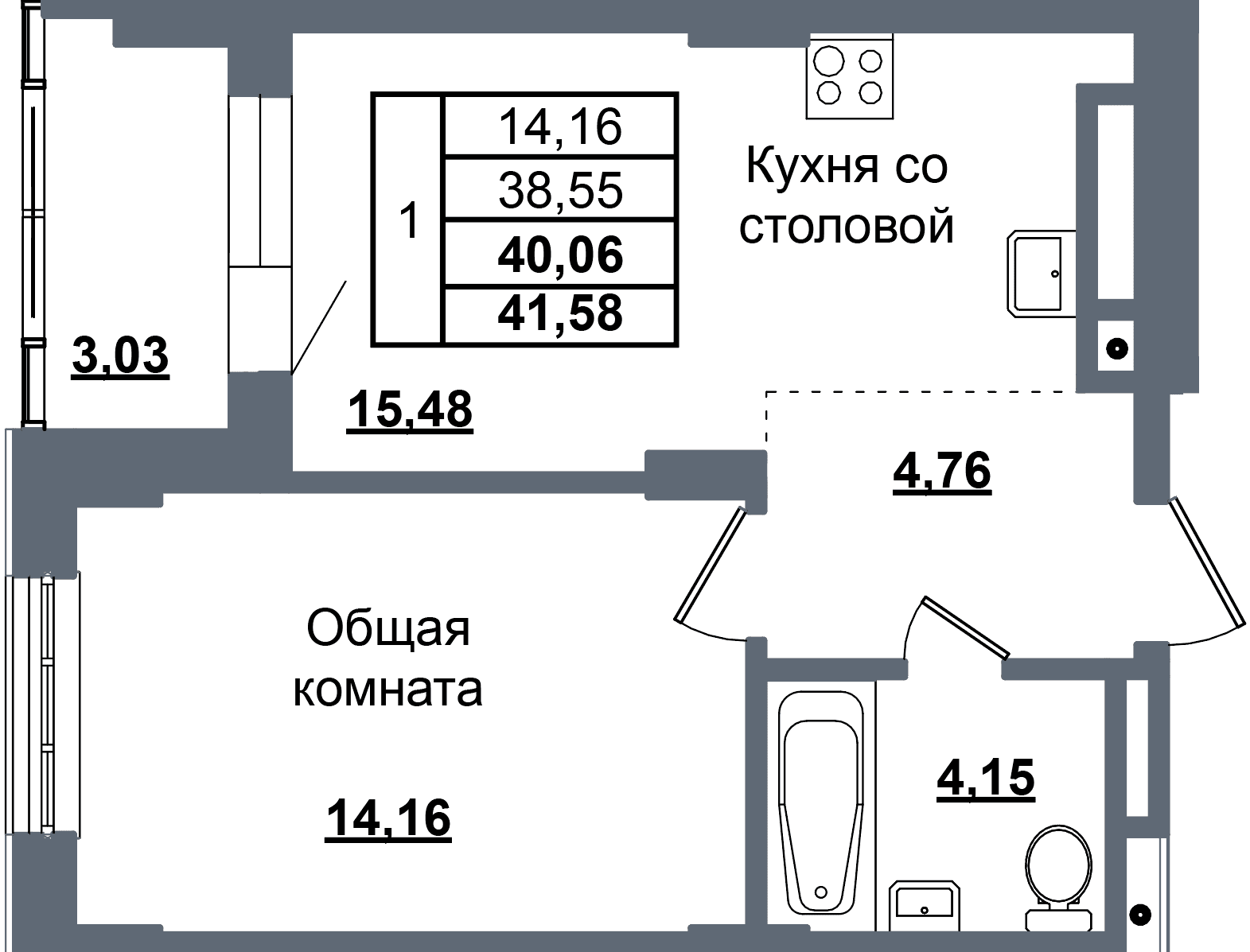 1 комн., 40.1 м²