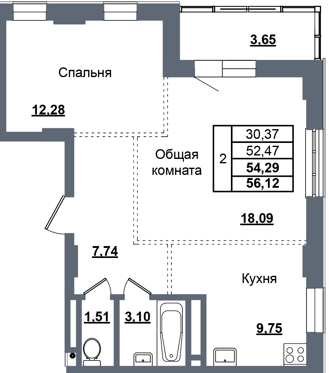 2 комн., 54.3 м²