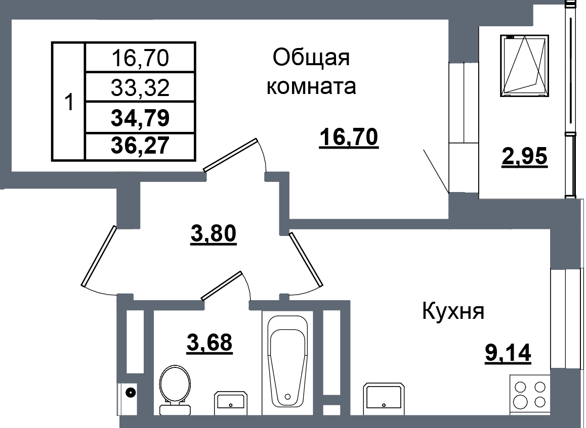 1 комн., 34.8 м²