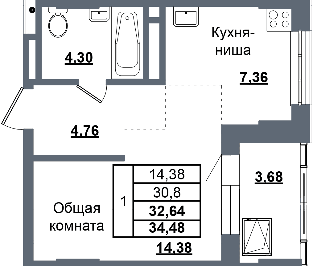 1 комн., 32.6 м²