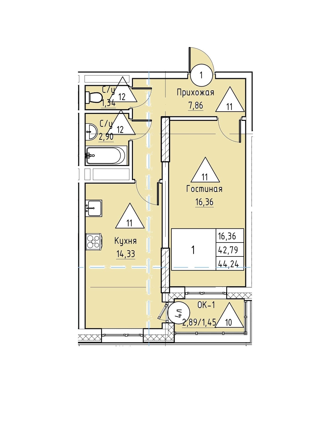1 комн., 44.2 м²