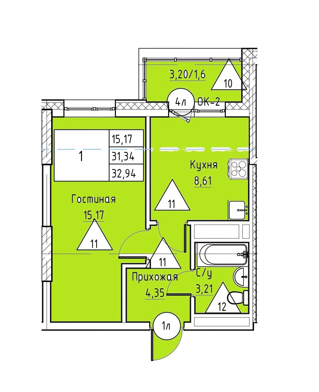 1 комн., 32.9 м²