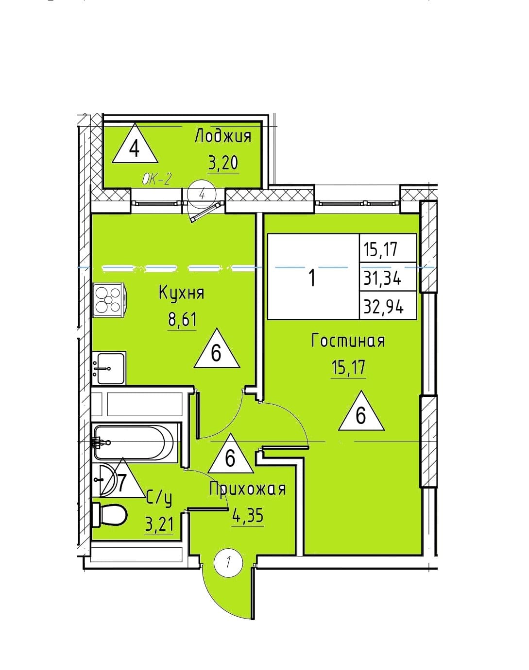 1 комн., 32.9 м²