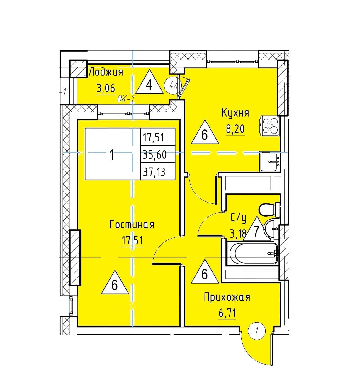 1 комн., 37.1 м²