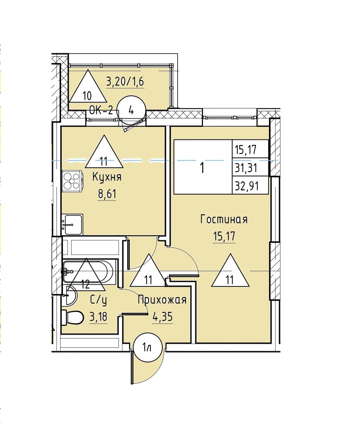 1 комн., 32.9 м²