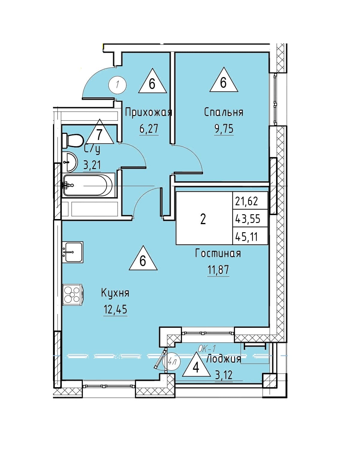 2 комн., 45.1 м²