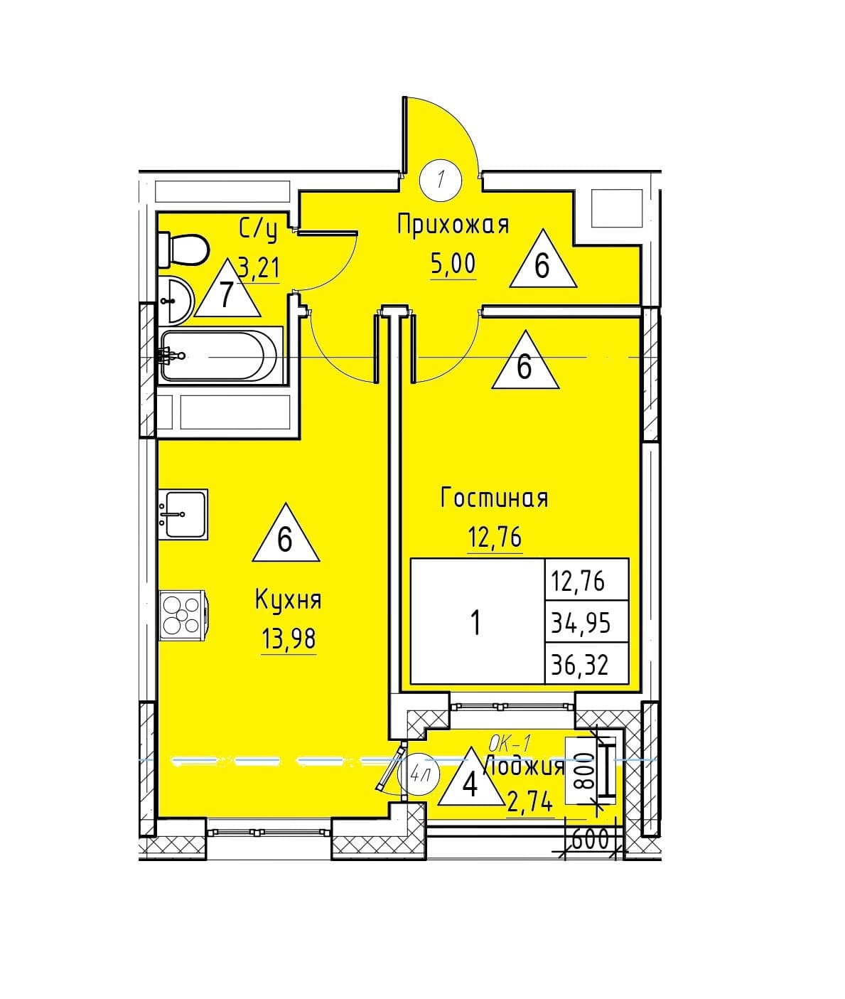 1 комн., 36.3 м²