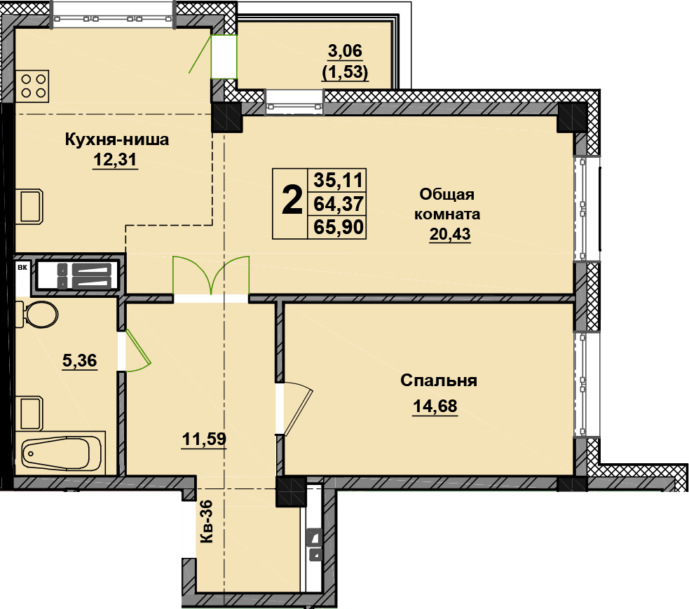 2 комн., 65.9 м²