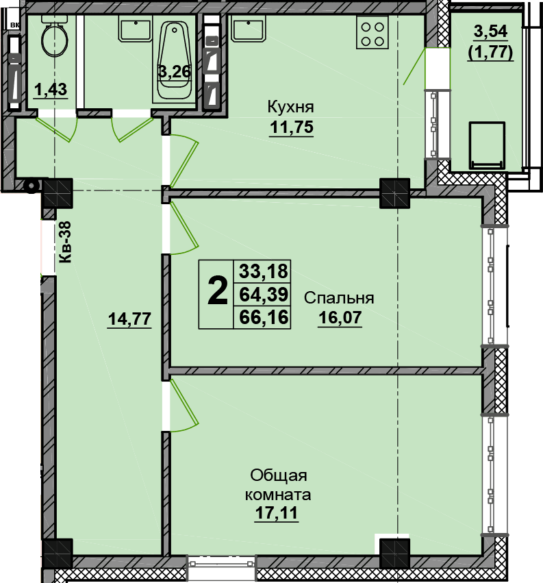 2 комн., 66.2 м²