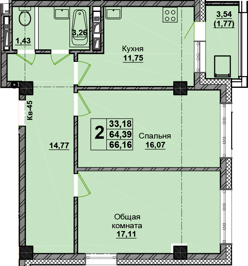 2 комн., 66.2 м²