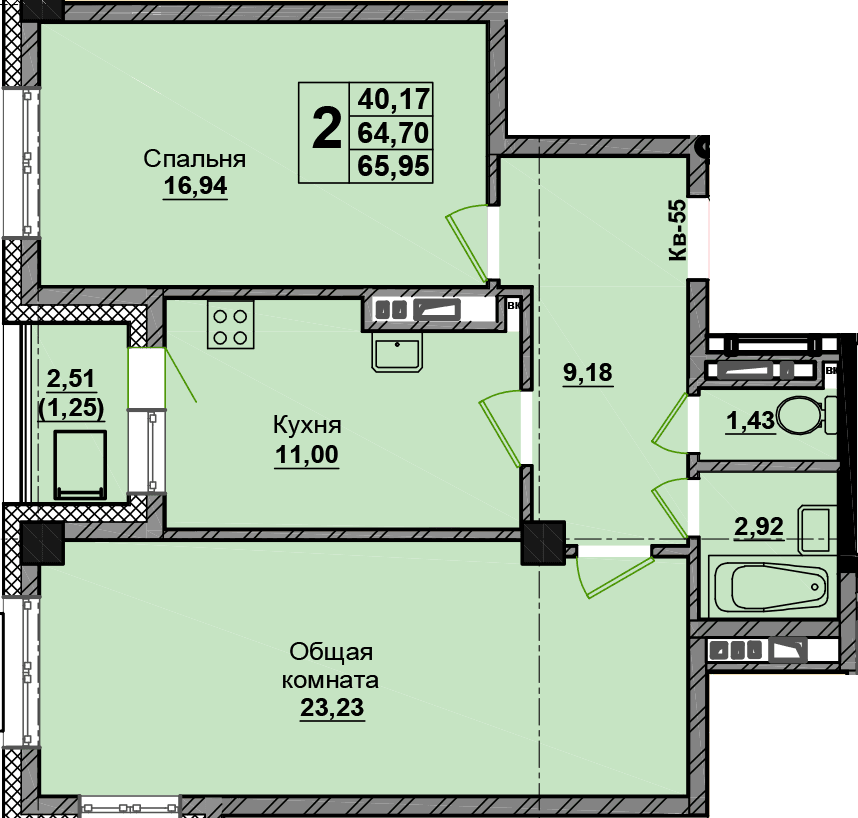 2 комн., 66.0 м²