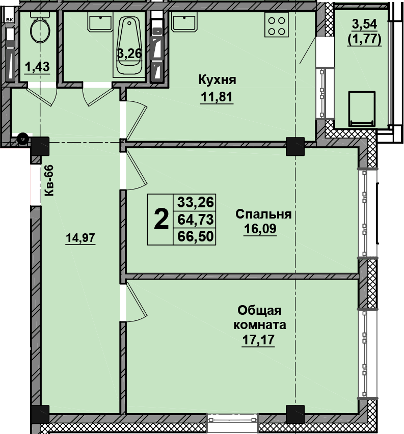 2 комн., 66.5 м²
