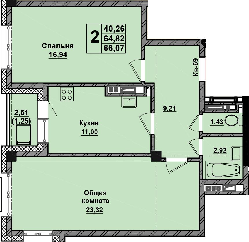 2 комн., 66.1 м²