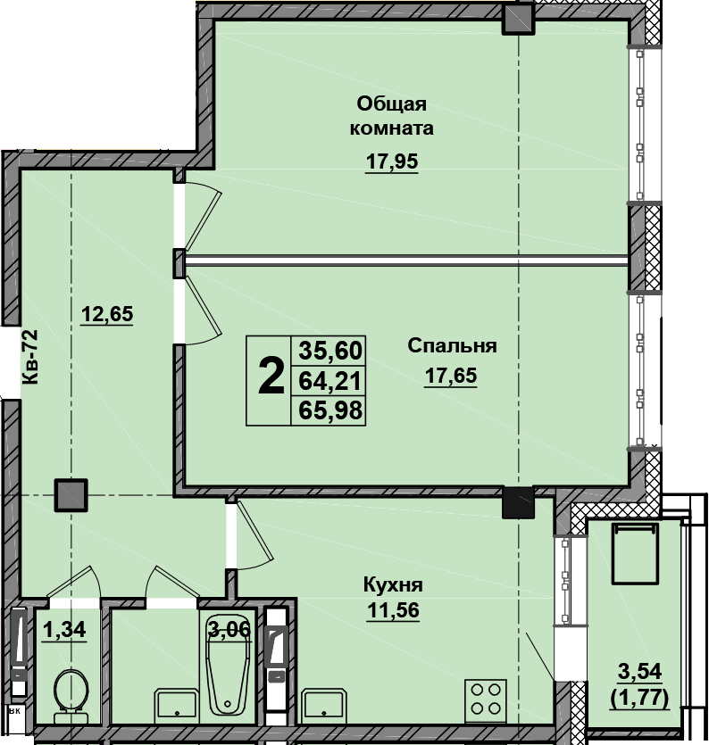 2 комн., 66.0 м²