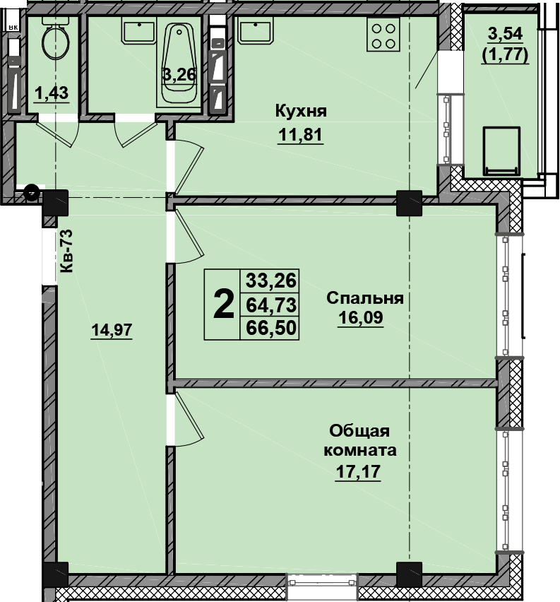 2 комн., 66.5 м²