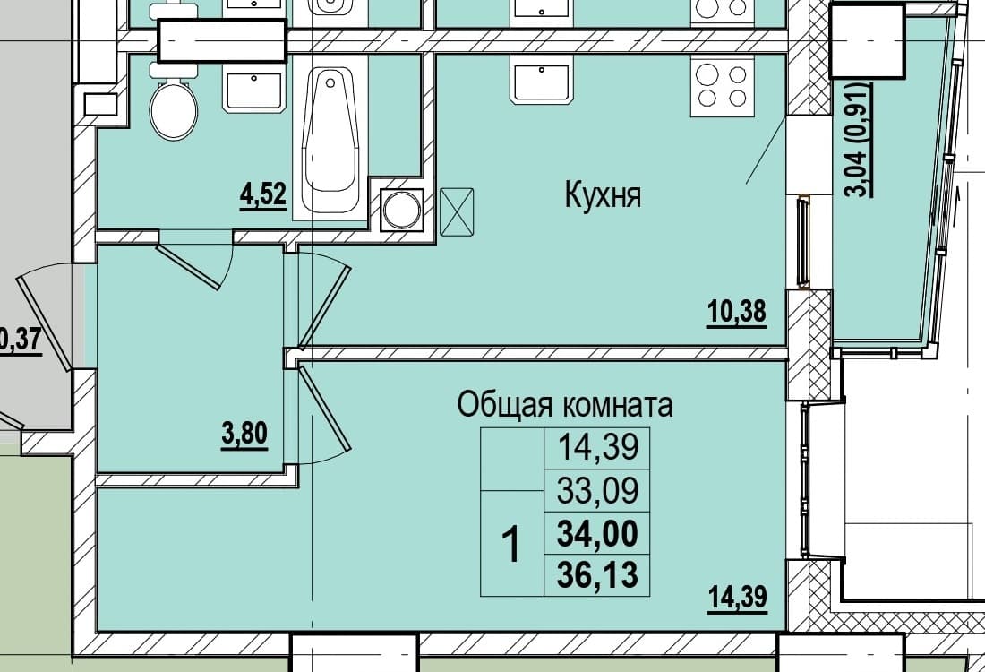 1 комн., 34.0 м²