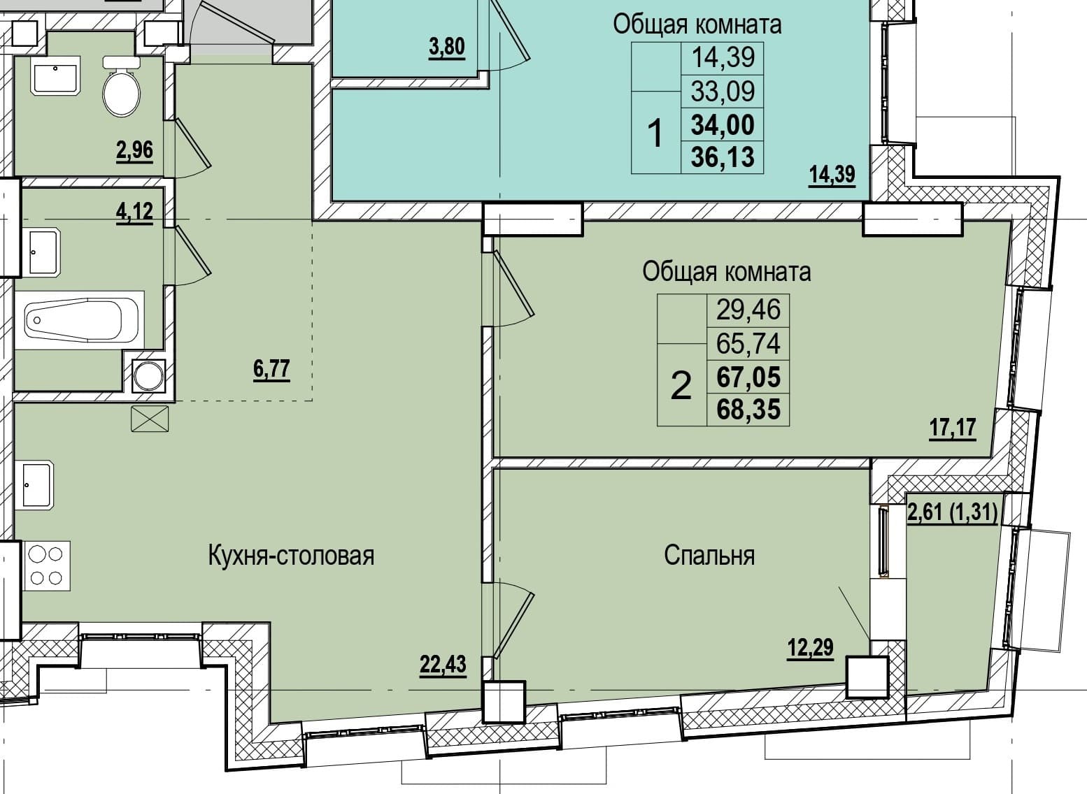 2 комн., 67.0 м²