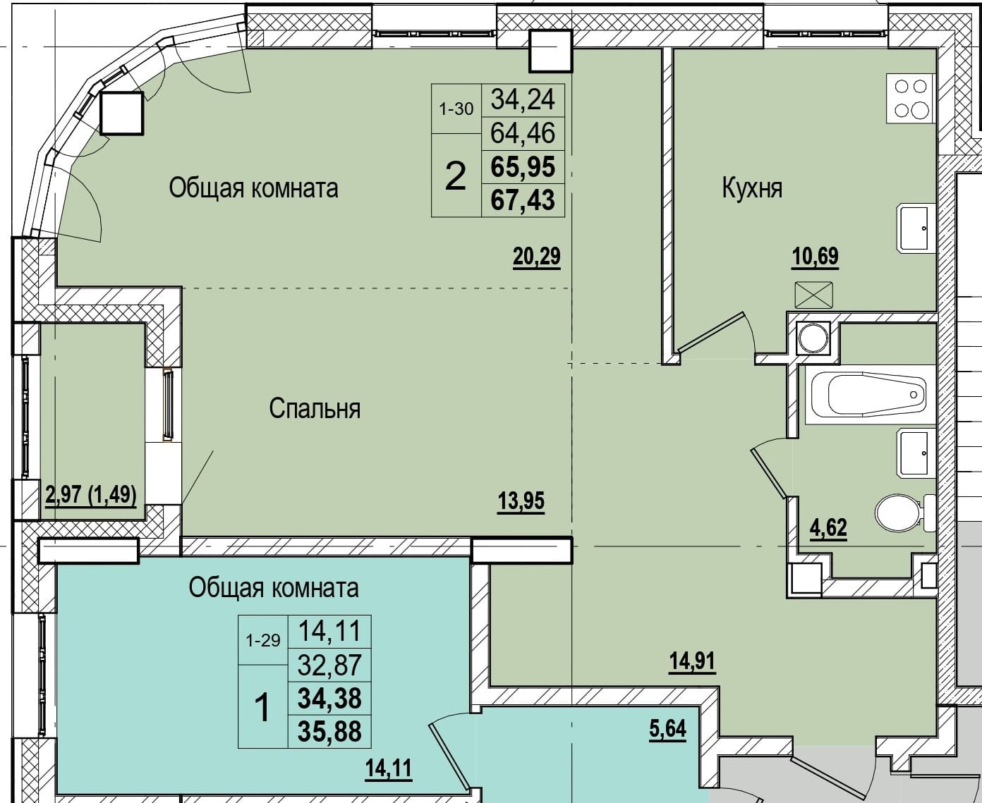2 комн., 66.0 м²