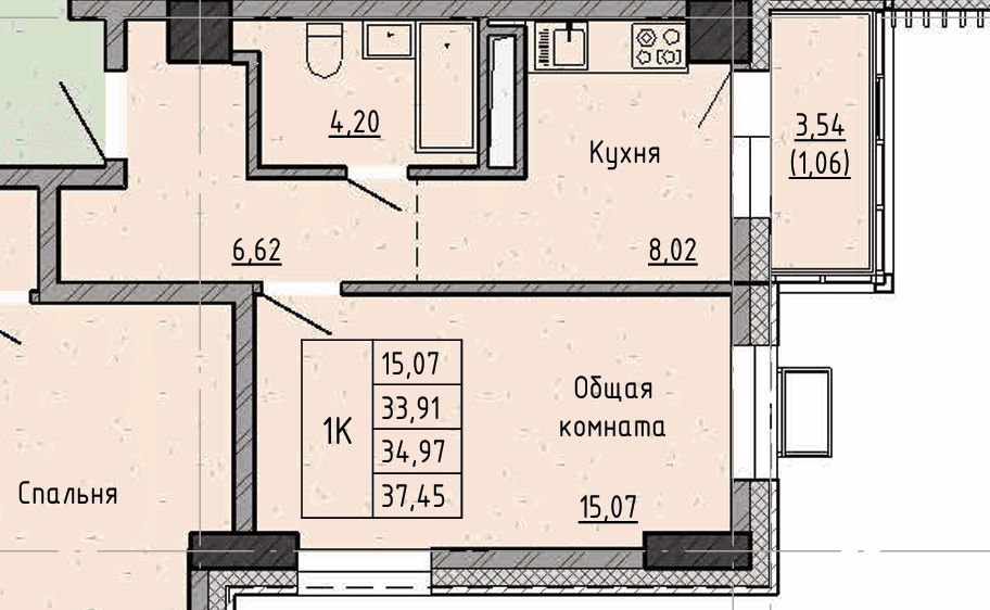 1 комн., 35.0 м²