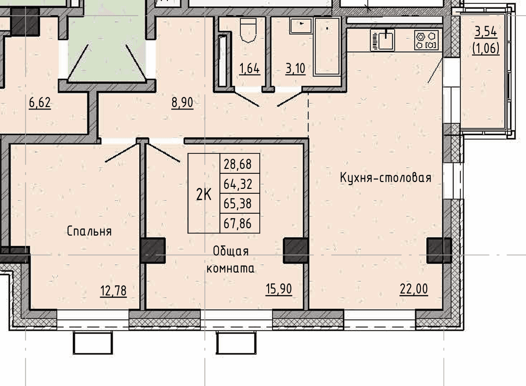 2 комн., 65.4 м²