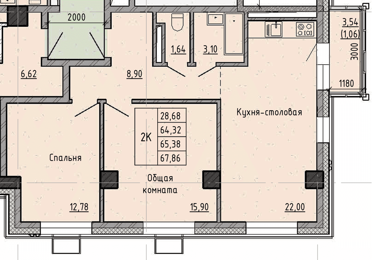 2 комн., 65.4 м²