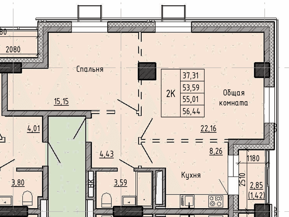 2 комн., 55.0 м²