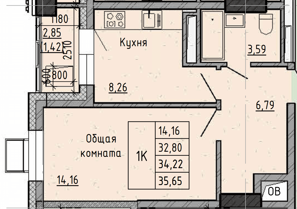 1 комн., 34.2 м²