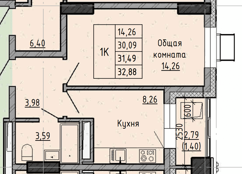 1 комн., 31.5 м²