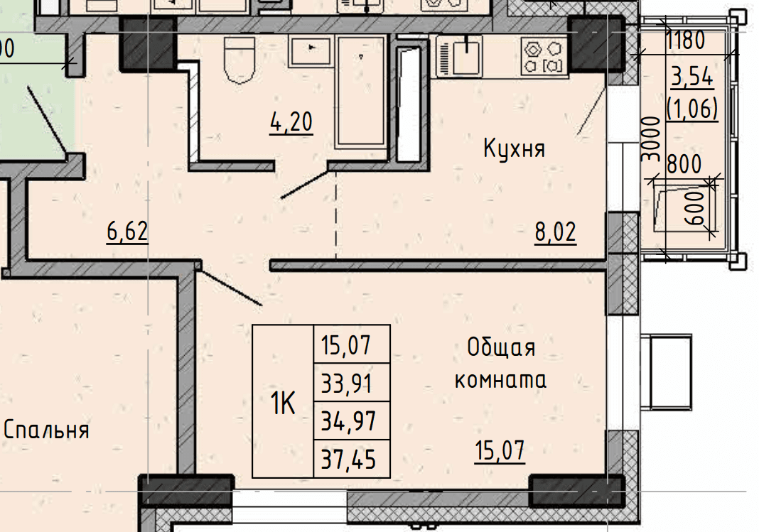 1 комн., 35.0 м²