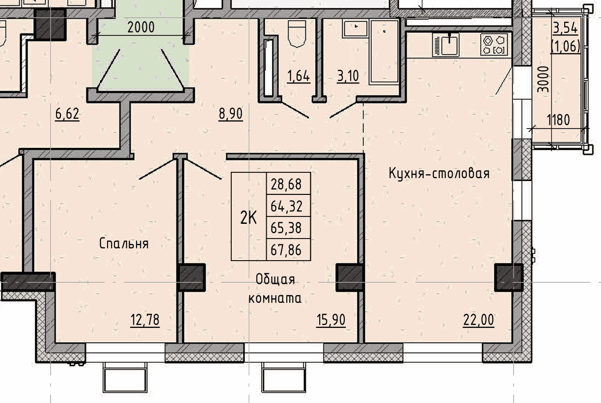 2 комн., 65.4 м²