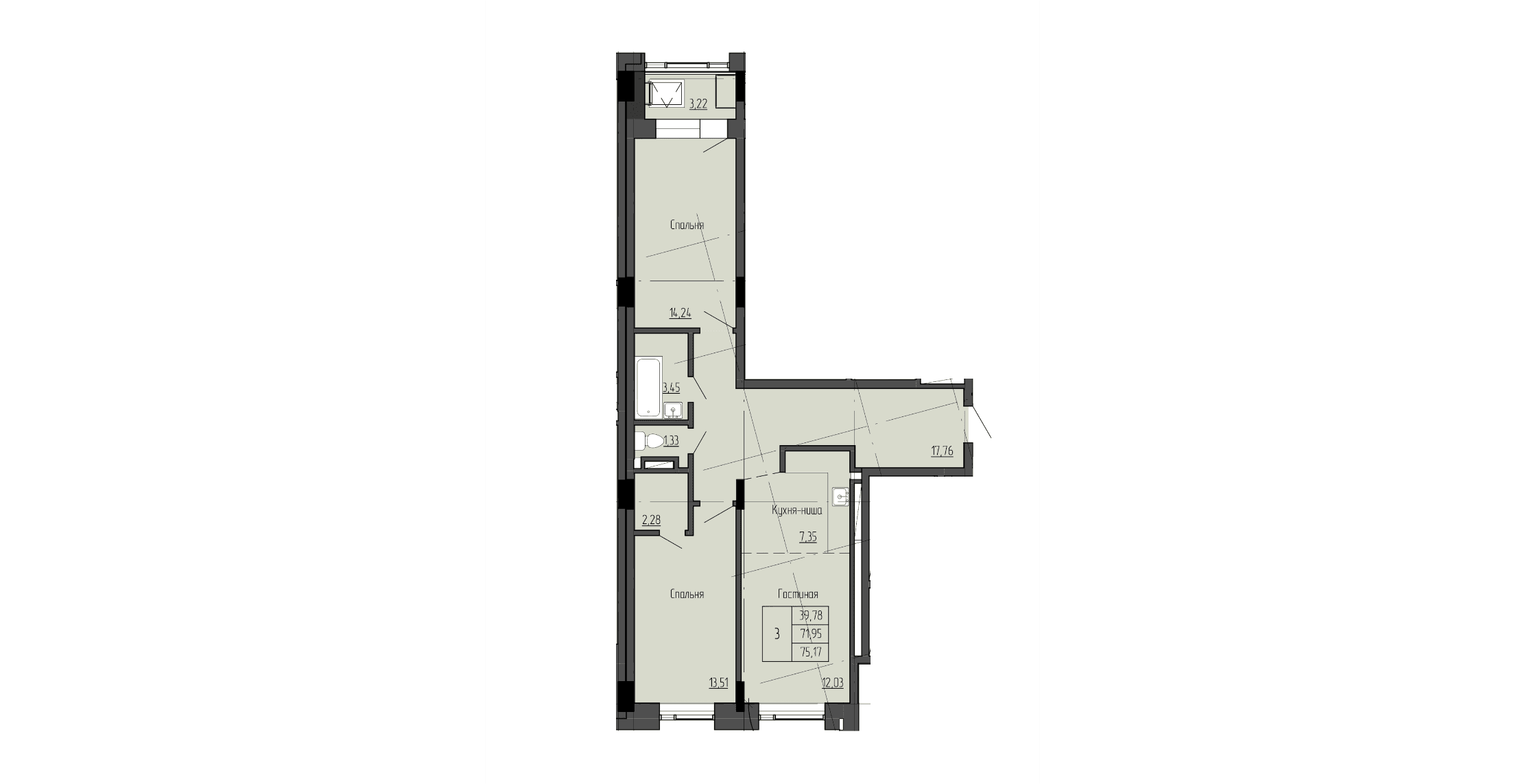 3 комн., 77.5 м²