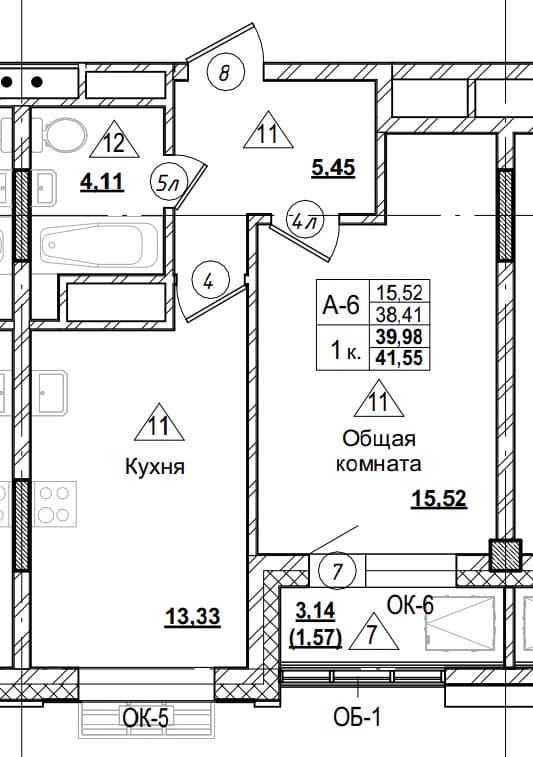 1 комн., 40.0 м²