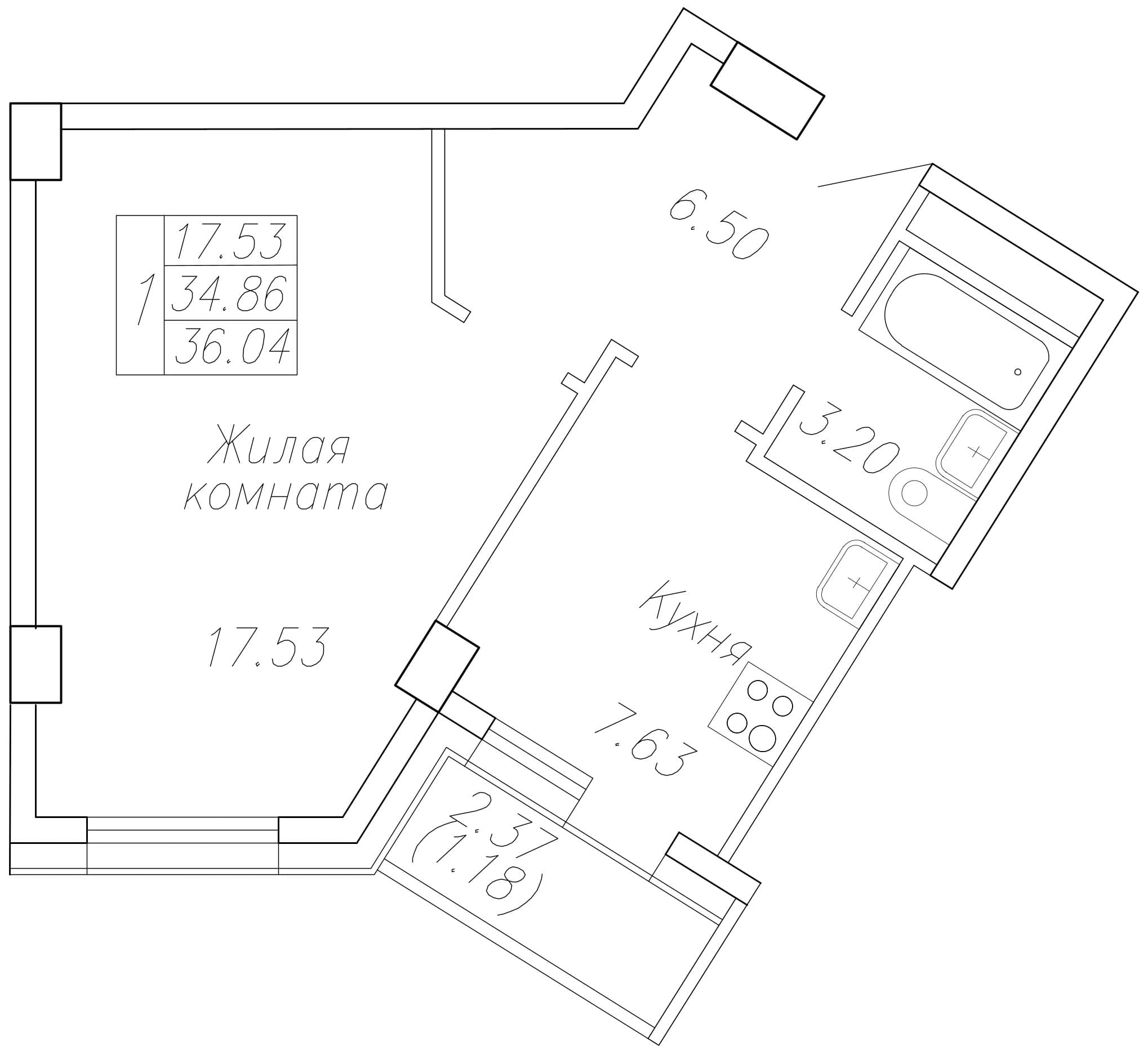 1 комн., 36.0 м²