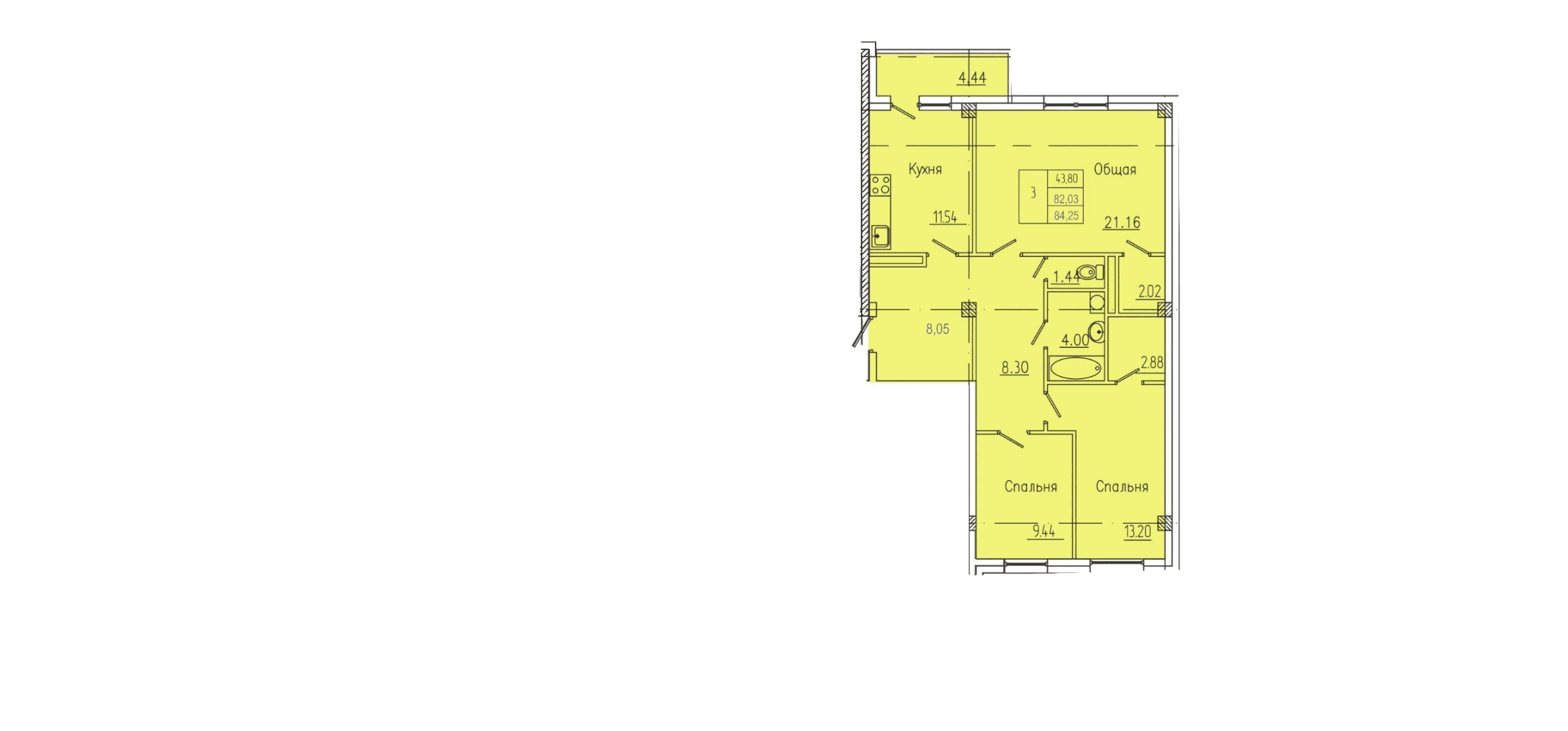 3 комн., 85.0 м²