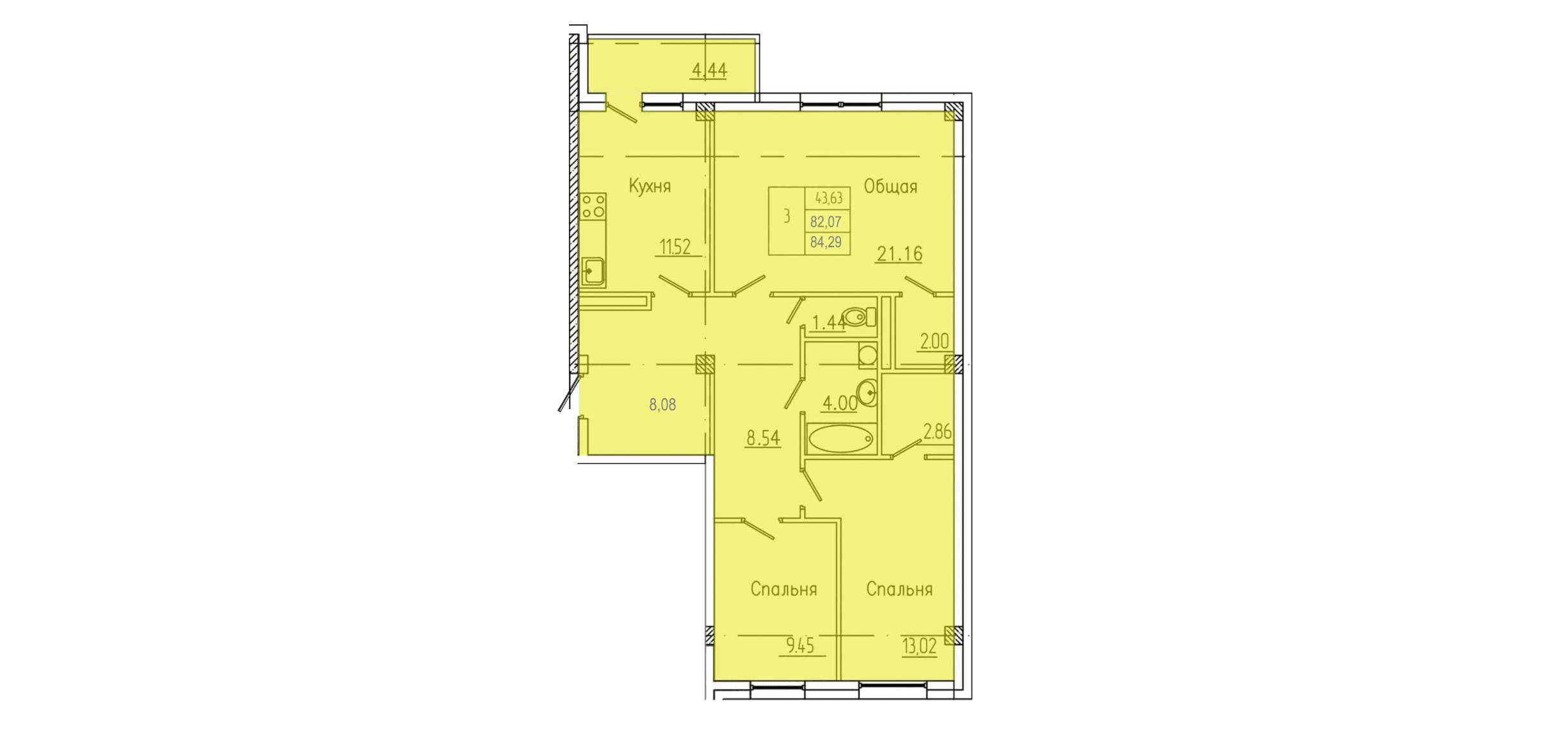 3 комн., 85.3 м²