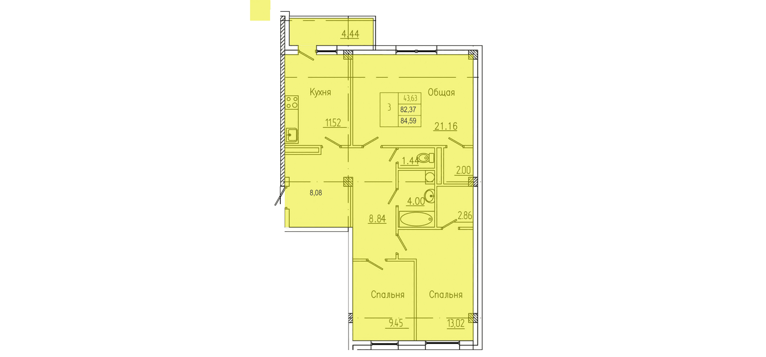3 комн., 85.5 м²