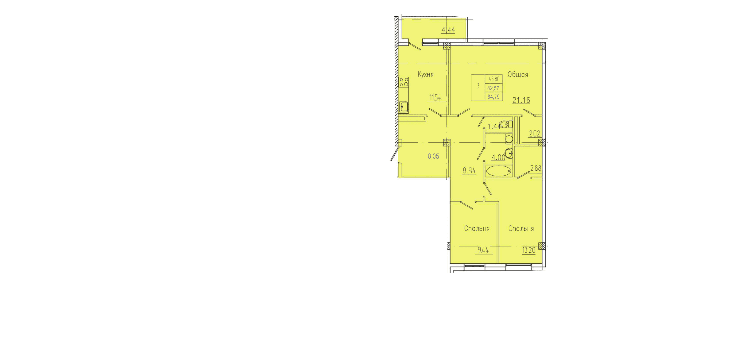 3 комн., 85.1 м²