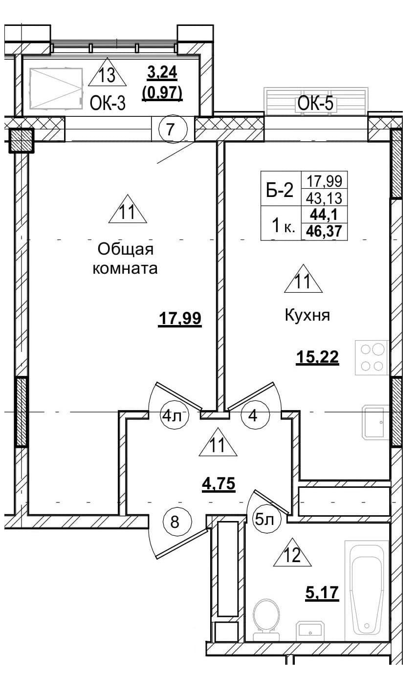 1 комн., 44.1 м²