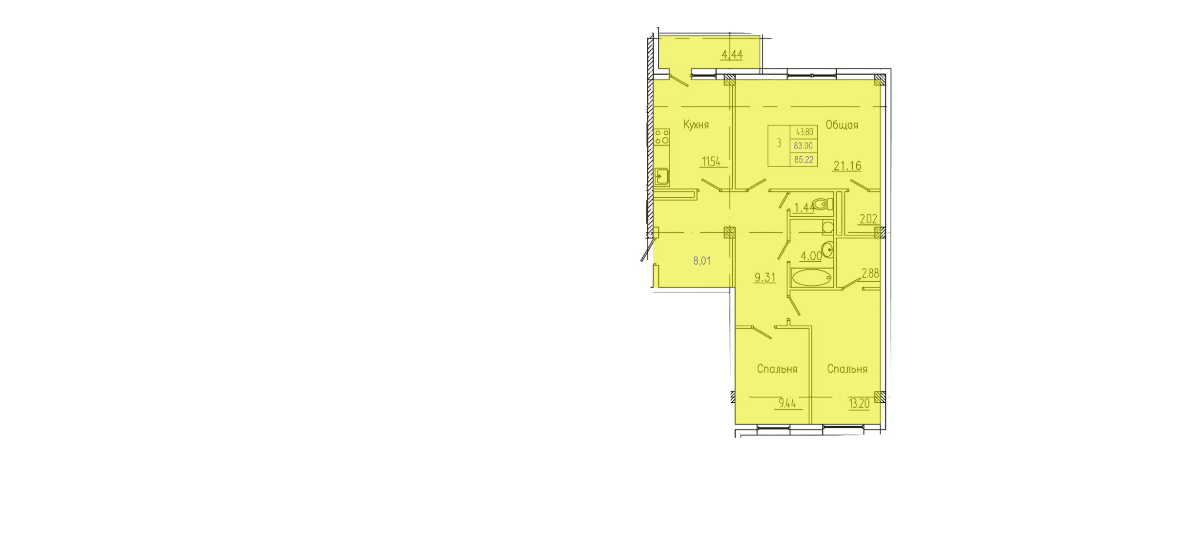 3 комн., 85.2 м²